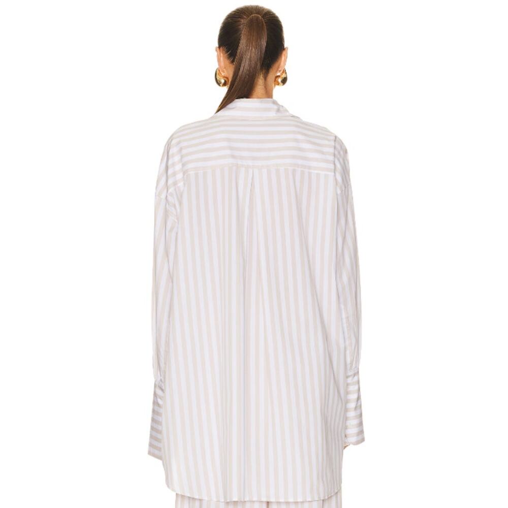 Helsa Cotton Poplin Striped Oversized Button Front Shirt Top Beige Stripe OS - Picture 8 of 13